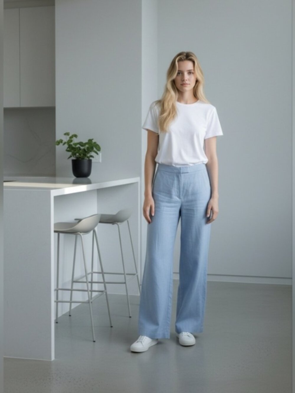 J. McLaughlin SZ 4 Linen Blend Light Blue Wide Leg Flat Front Pants Pockets